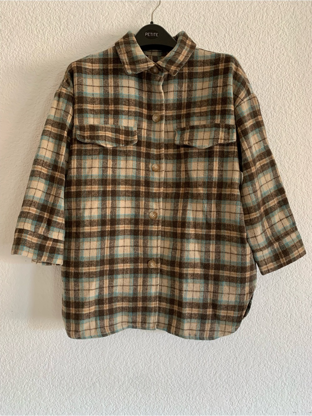 Vintage Plaid Button-Up 3/4 Sleeve Shacket in Brown, Cream & Light Blue